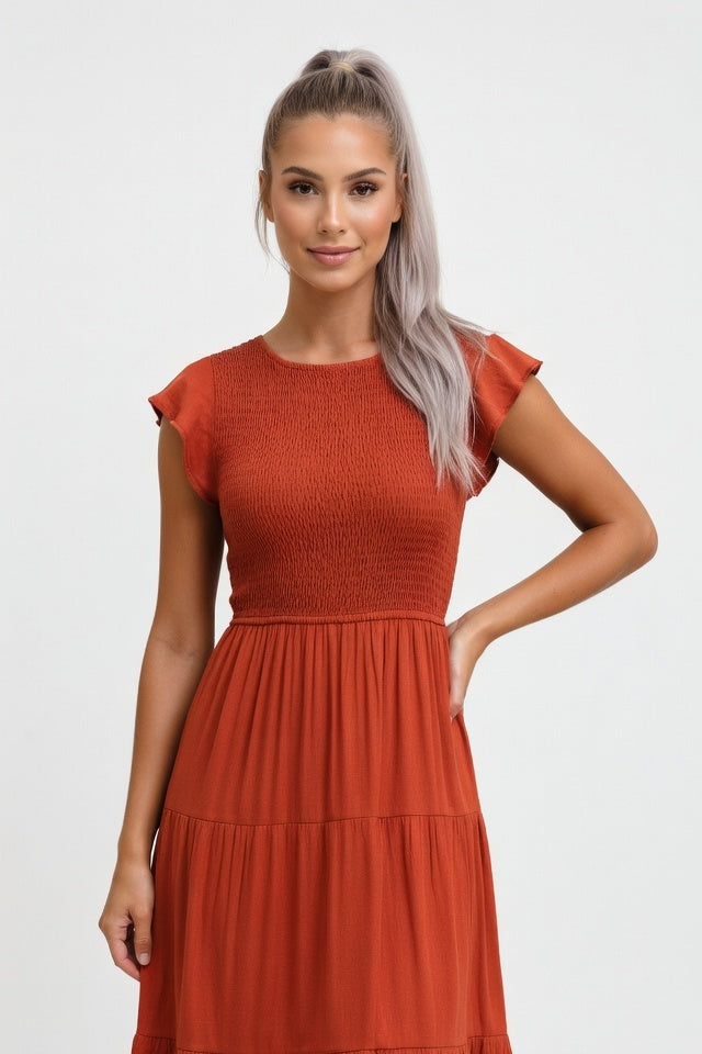 Tiered Mini Dress with Flutter Sleeves — Orange