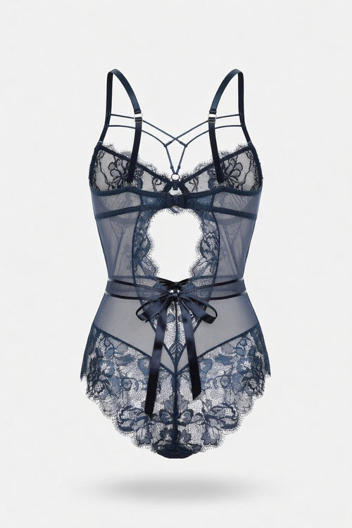 Lace Bodycon Jumpsuit with Bow Detail — back view