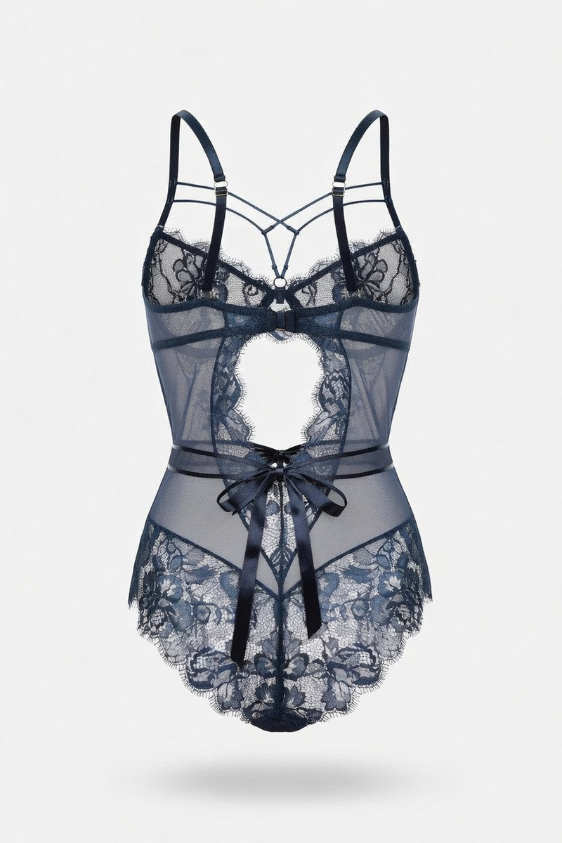 Lace Bodycon Jumpsuit with Bow Detail — back view