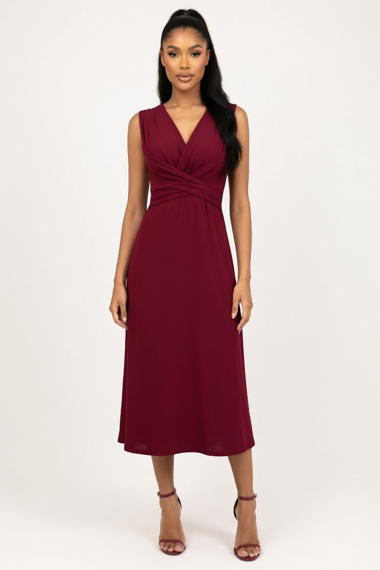 V-Neck Wrap Midi Dress — Burgundy