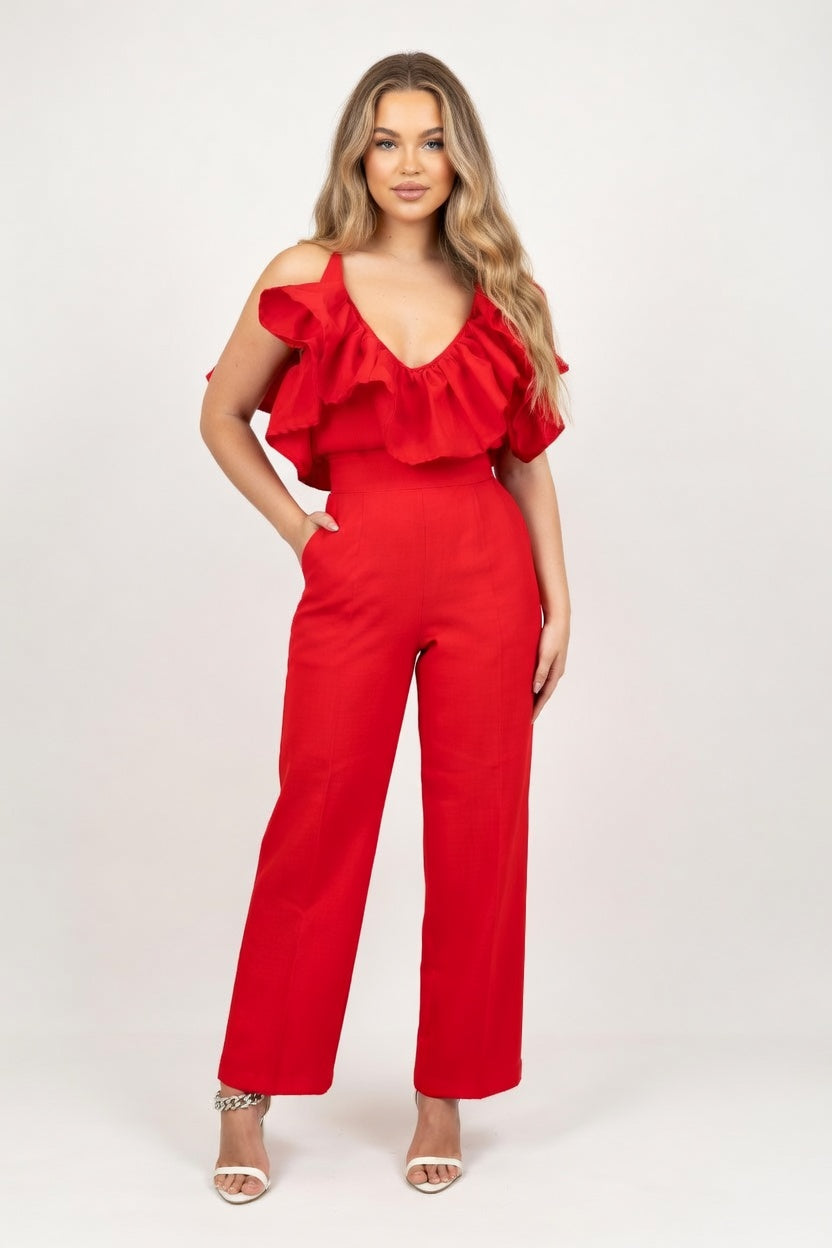 Ruffle Halter Top & High-Waist Trouser Set — Blue