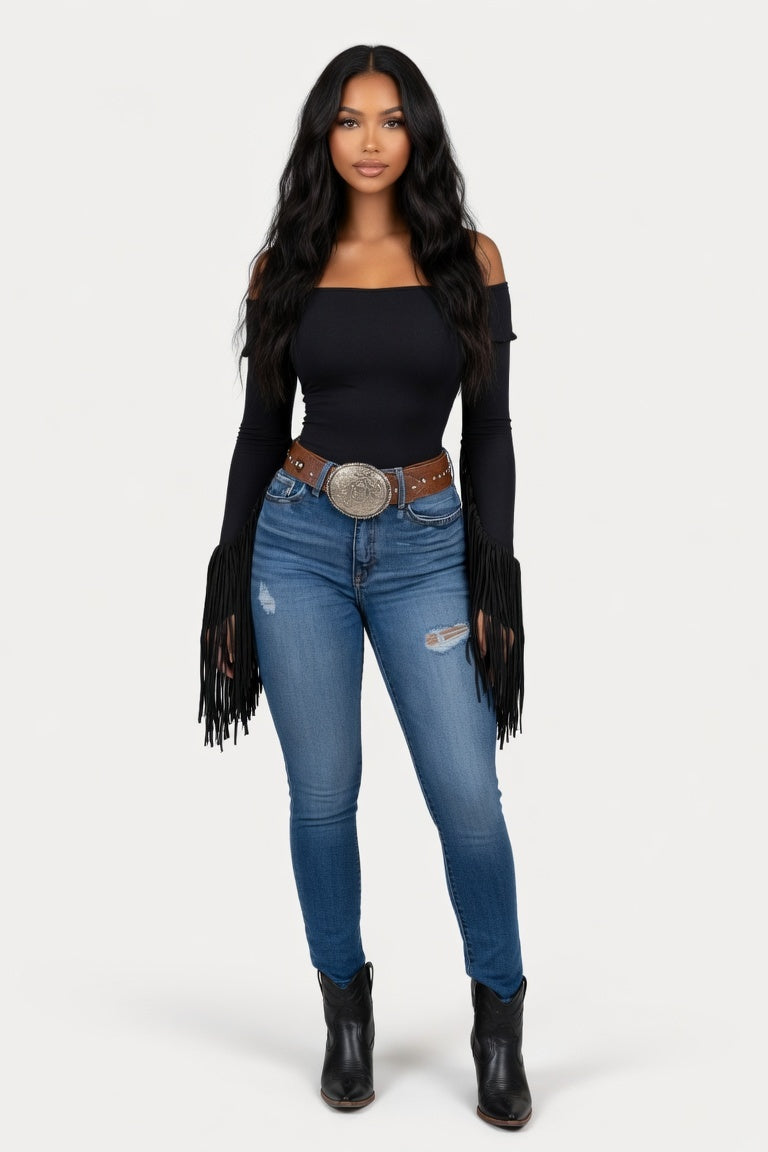 Tassel Western Bodysuit — Black