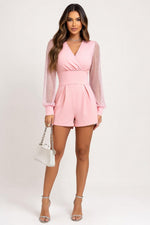 Mesh Panel V-Neck Jumpsuit — Pink