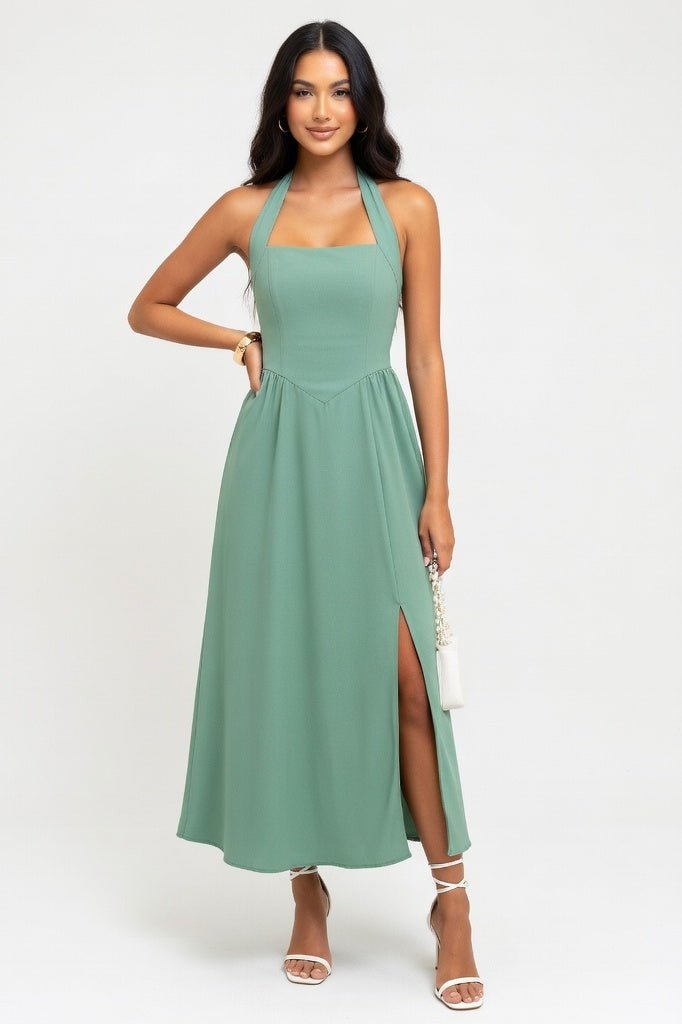 Square Neck Splice Dress — Green