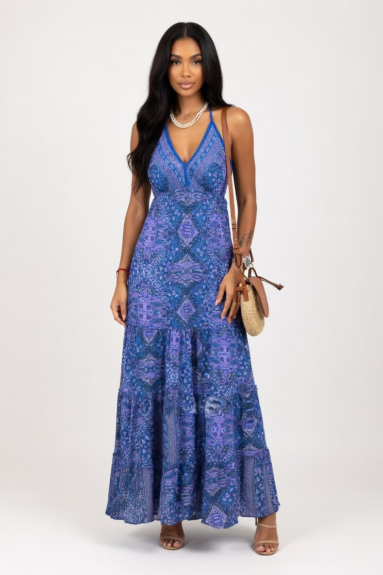 V-Neck Floral Print Maxi Dress — Blue