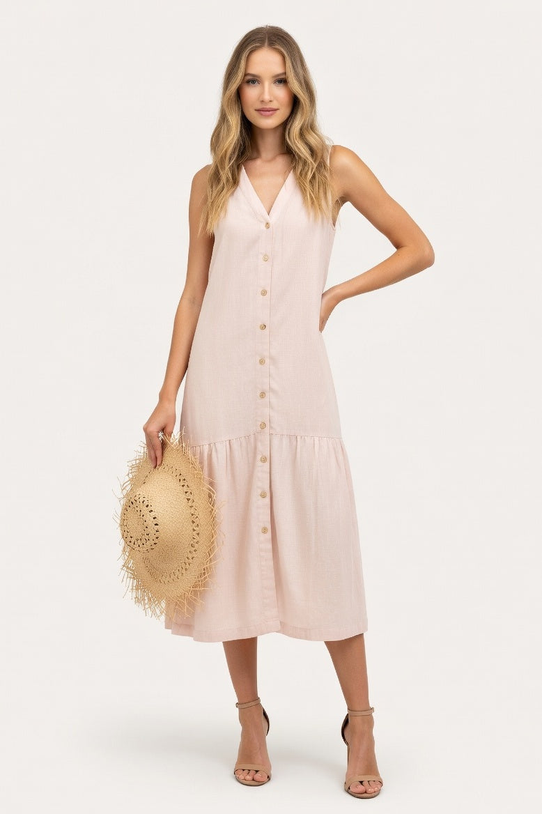 Linen V-Neck Maxi Dress — Cream