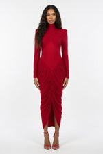 High Neck Backless Pleated Dress — Red