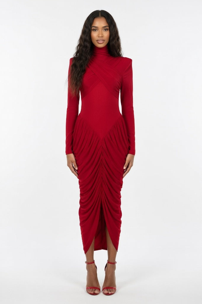 High Neck Backless Pleated Dress — Red