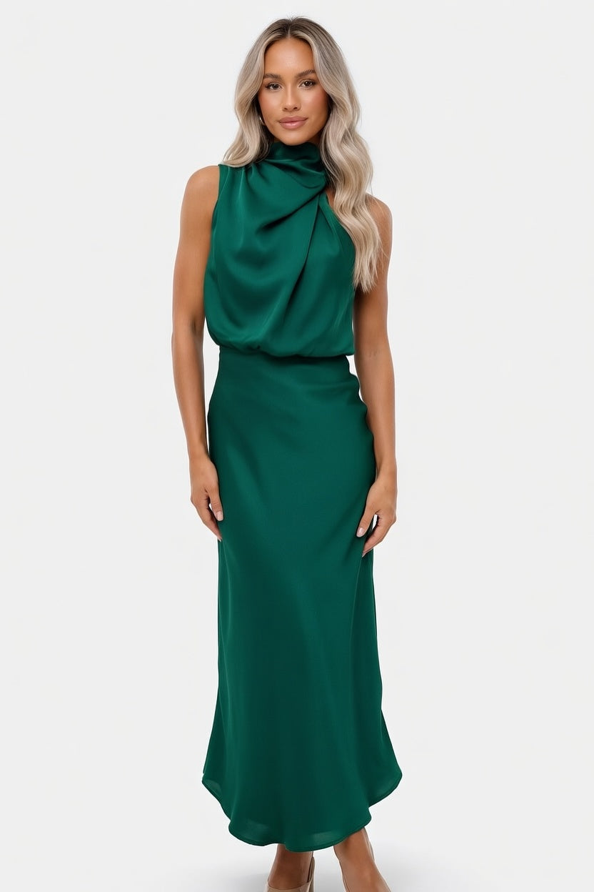 Satin Sleeveless Dress — Dark Green