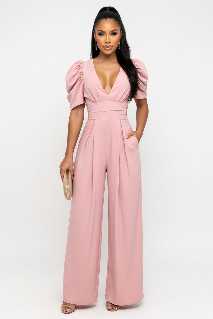 V-Neck Puff Sleeve Wide Leg Jumpsuit — Pink