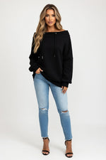 Off-Shoulder Drawstring Sweatshirt — Black