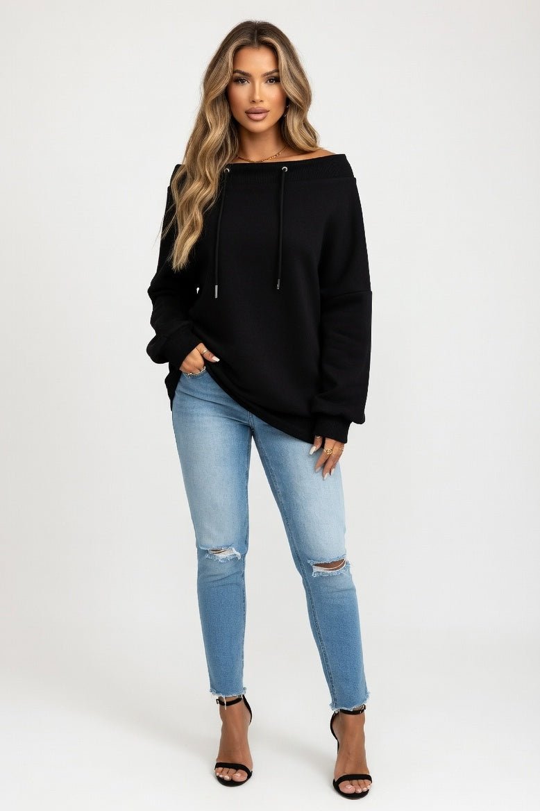 Off-Shoulder Drawstring Sweatshirt — Black