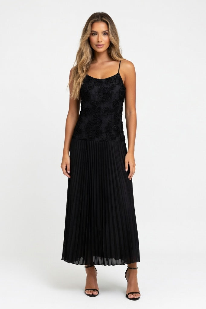 Rose Detail Halter Dress — Black Long