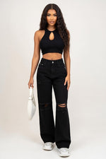 Wide Leg Ripped Jeans — Black