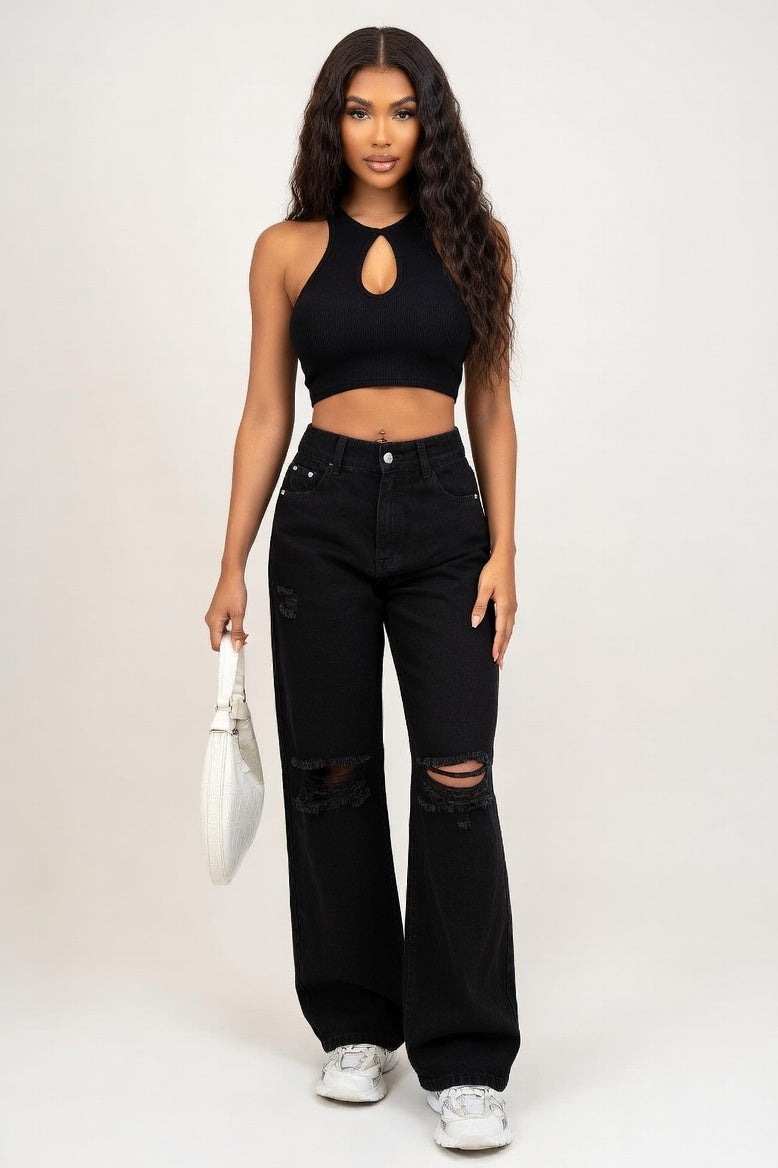 Wide Leg Ripped Jeans — Black