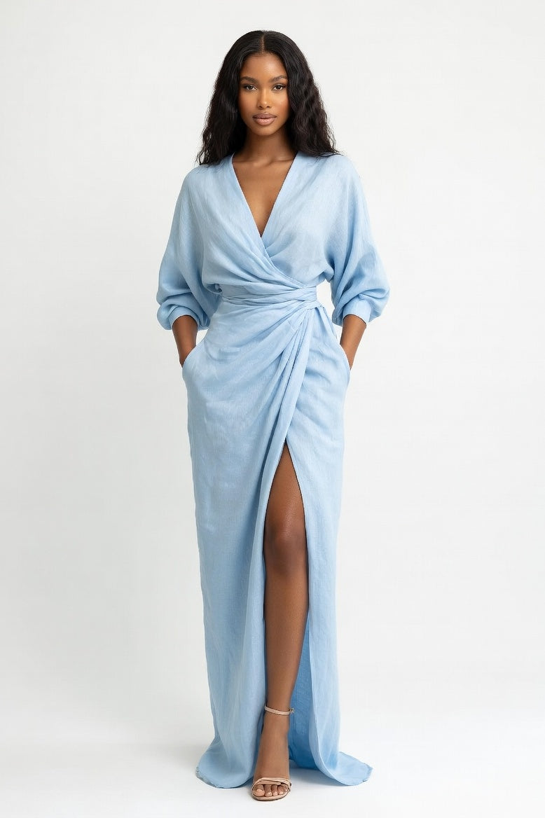 V-Neck Maxi Dress with Side Split — Light Blue