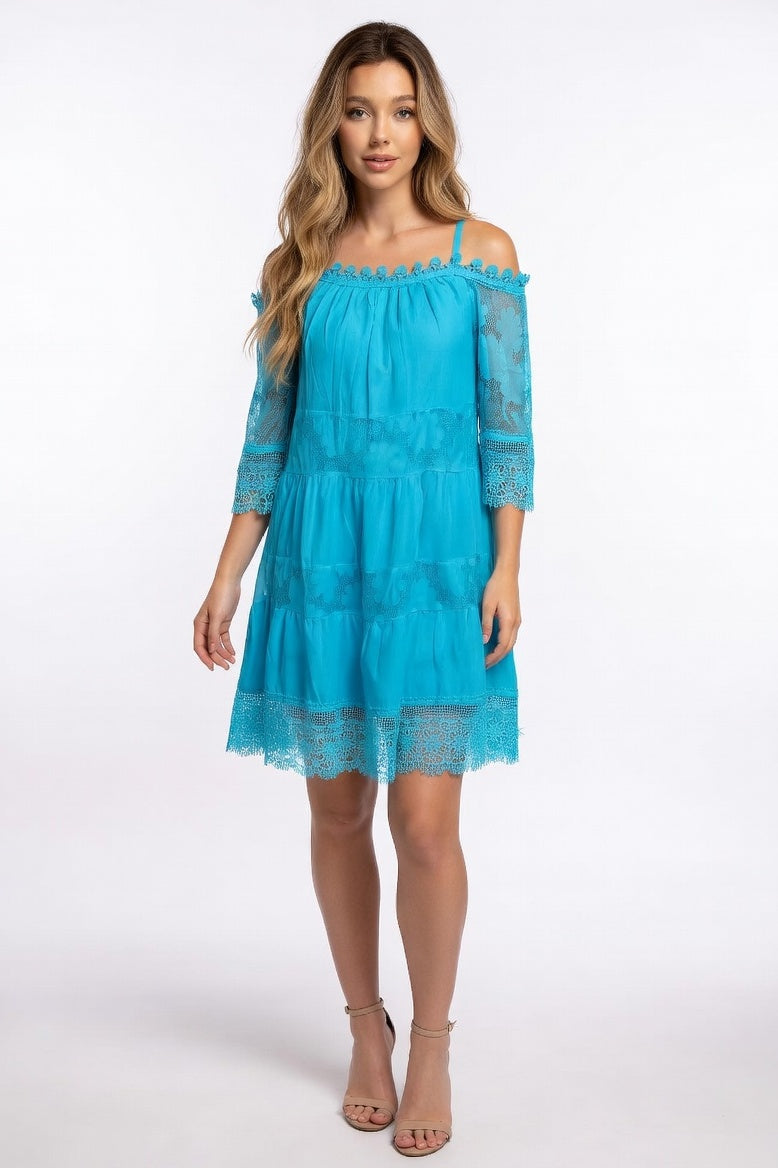 Off-Shoulder Lace Cami Dress — Peacock Blue