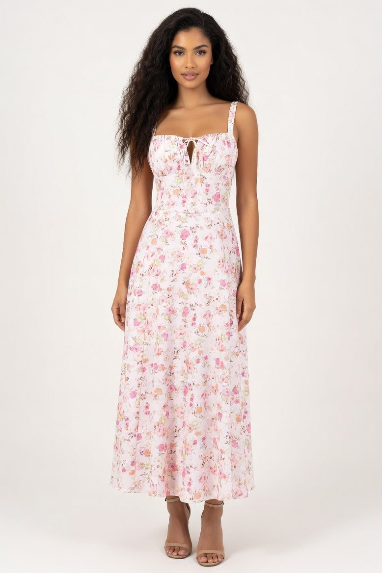 Halter Printed Midi Dress — Orange Pink Floral