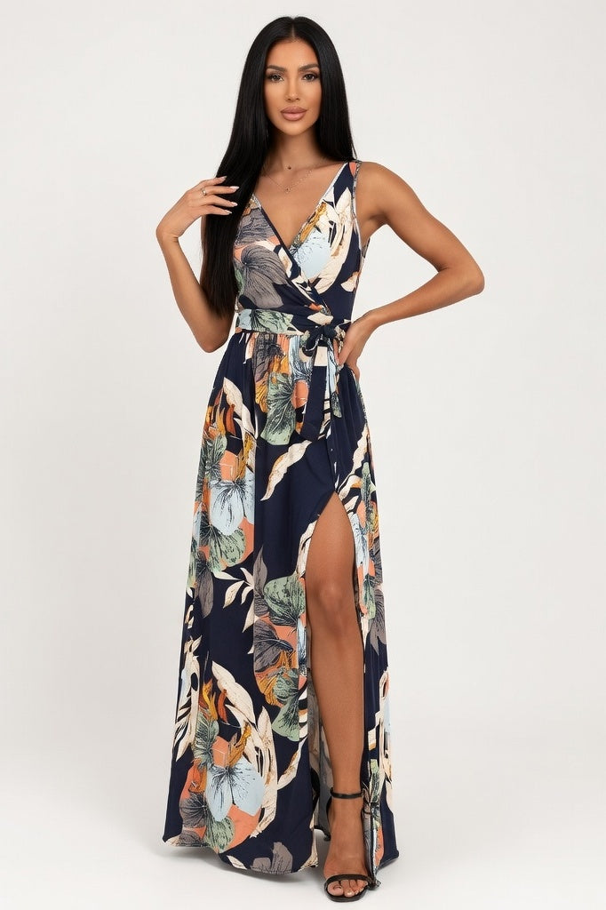 Printed V-Neck Sleeveless Dress — Black