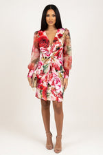Printed Mesh Sleeve Deep V Midi Dress — White Red Floral