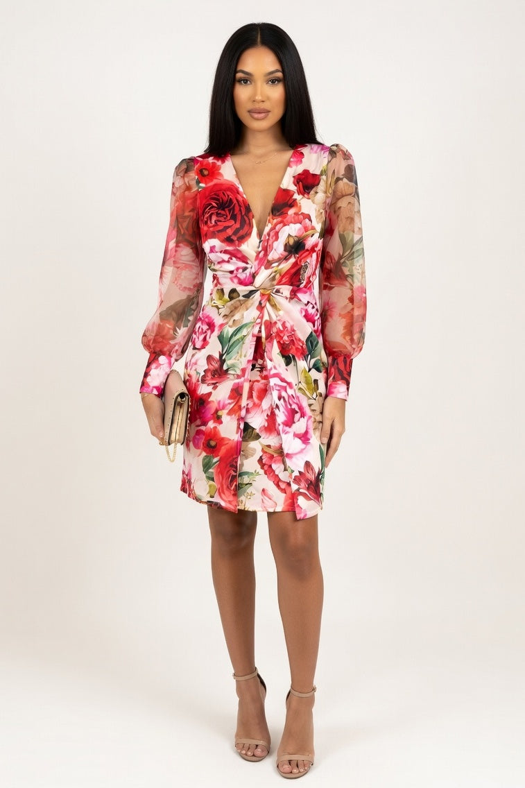Printed Mesh Sleeve Deep V Midi Dress — White Red Floral