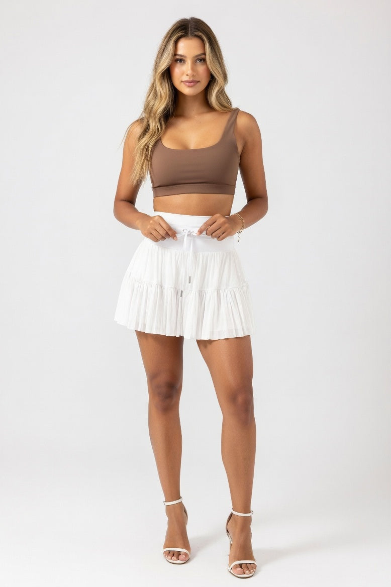 High-Waist Lace-Up Mesh Pleated Mini Skirt — White