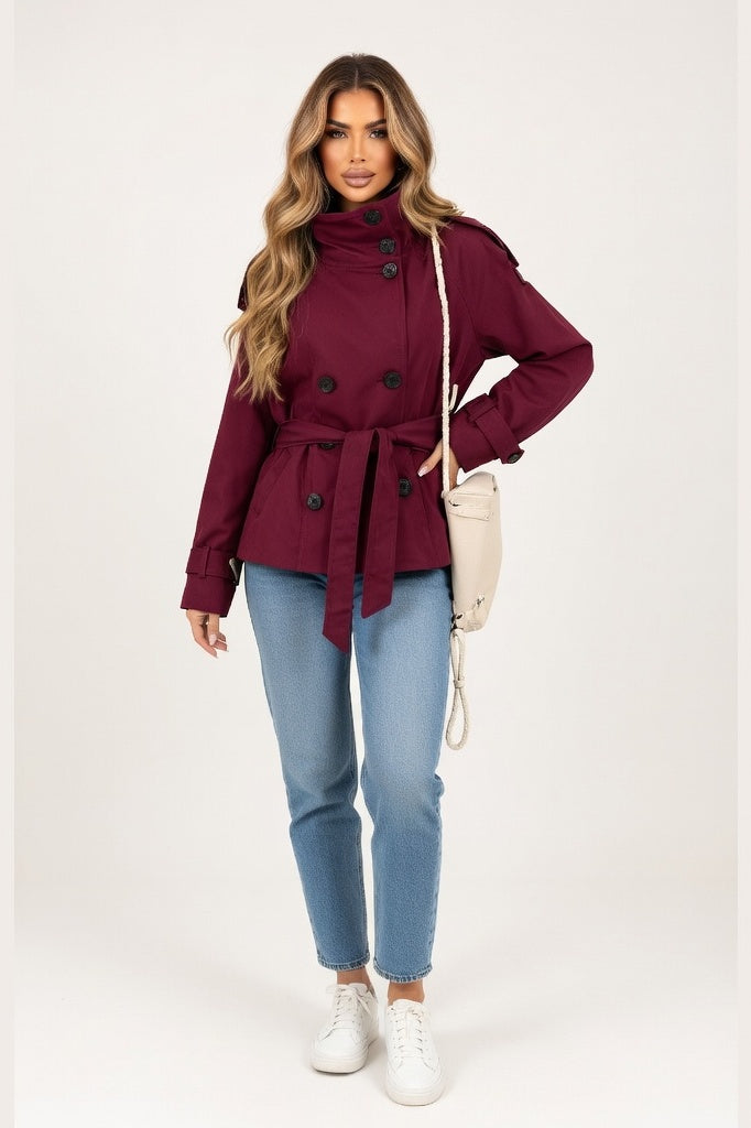 Belted Windbreaker Jacket — Burgundy