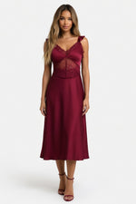 Satin Slip Dress with Lace Trim — Burgundy