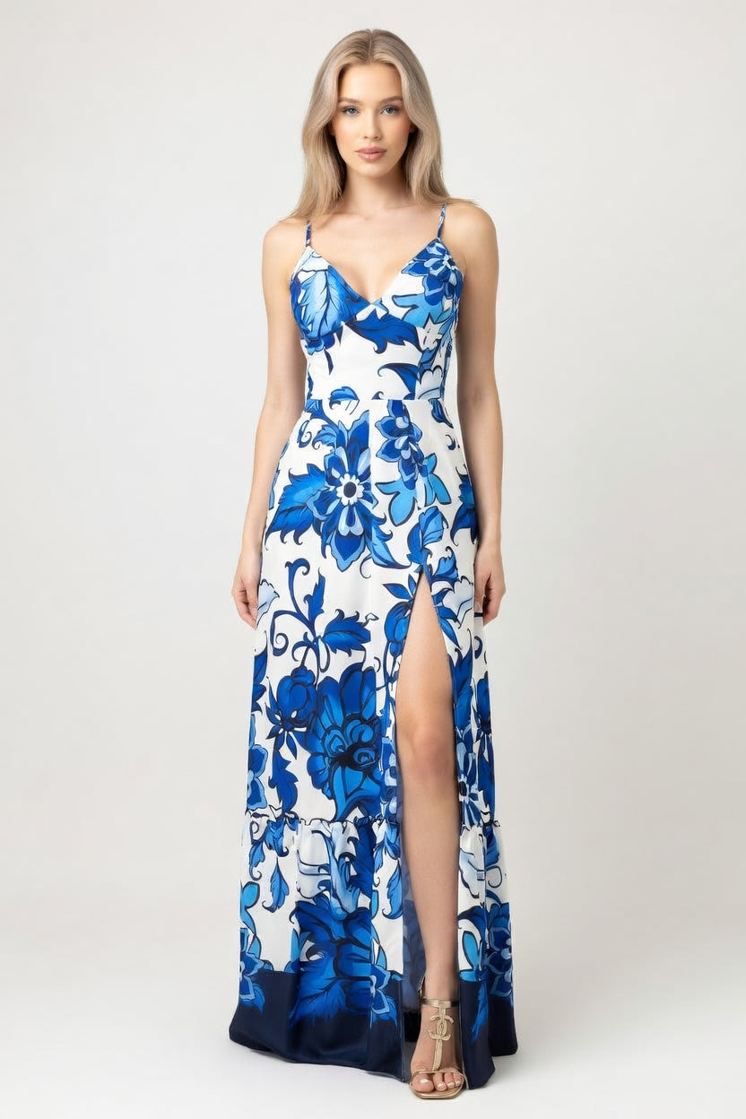 Printed V-Neck Halter Dress — front view