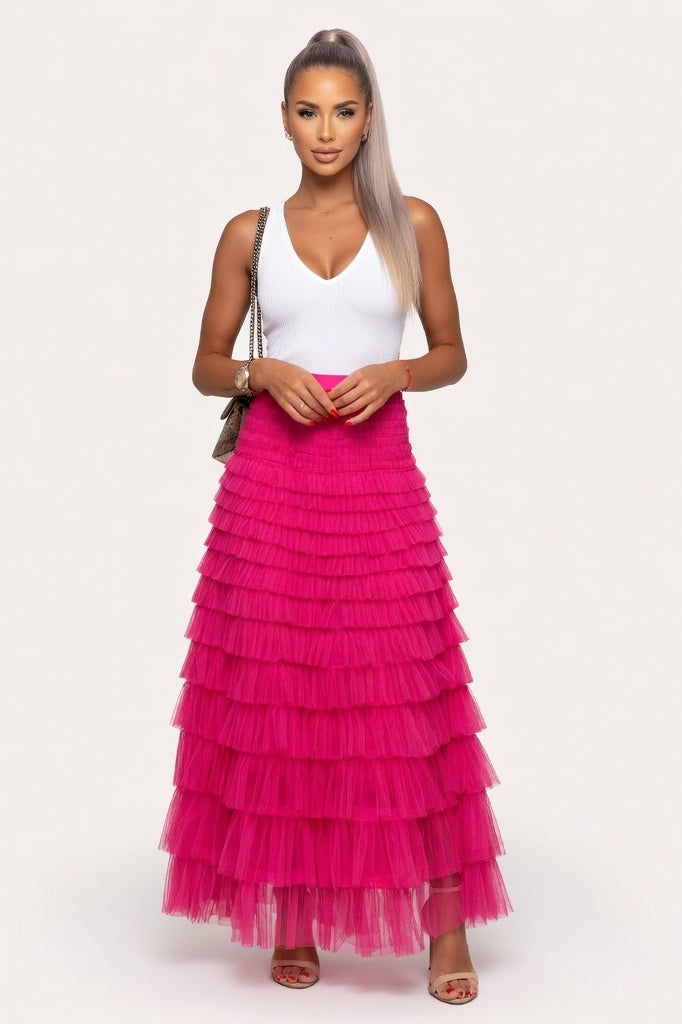 Mesh Tiered Mini Skirt — Rose Red