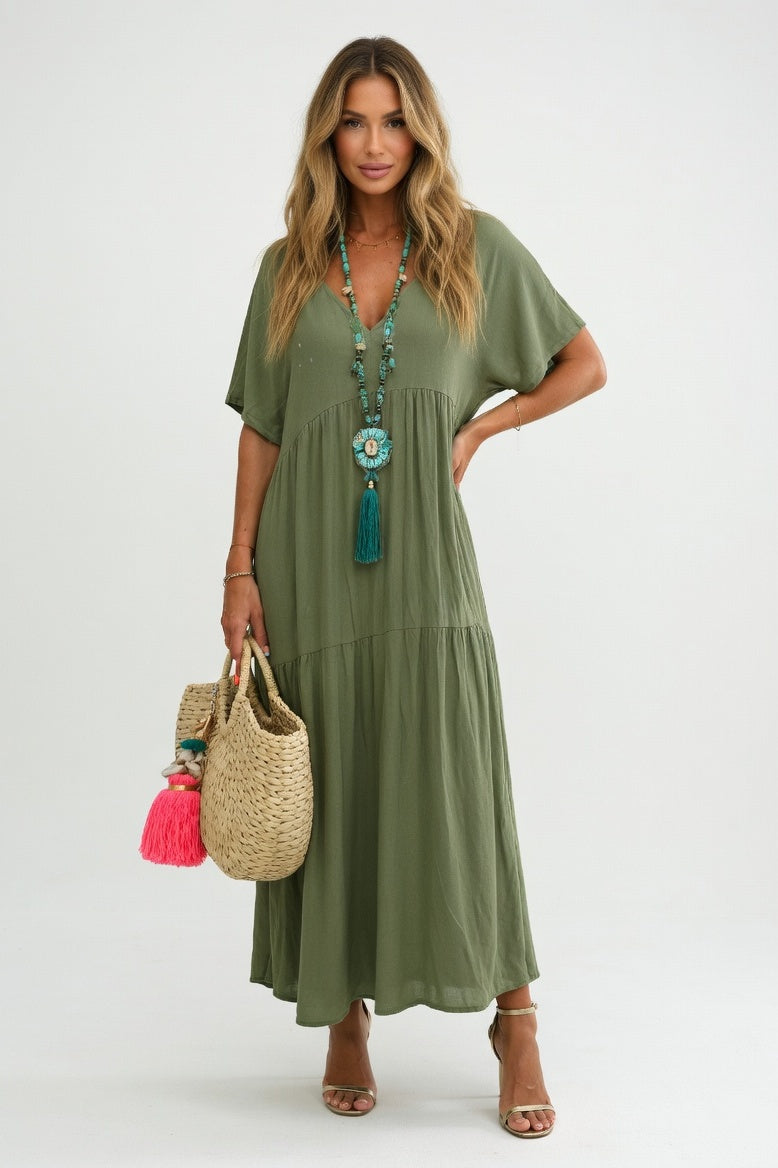 V-Neck Swing Dress — Dark Green