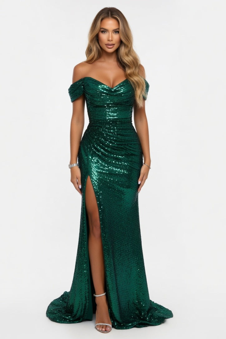 Sequined Off-Shoulder Slit Dress — Green