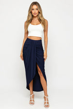 Draped Asymmetric Wrap Skirt — Navy Blue