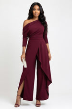 One Shoulder Pleated Wide Leg Jumpsuit — Burgundy