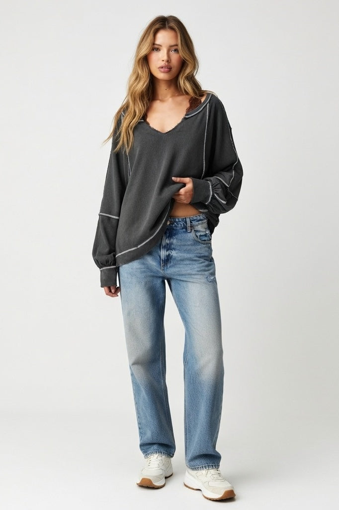 V-Neck Sweatshirt with Contrast Detailing — Dark Grey