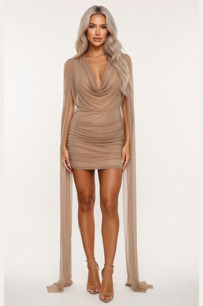 Mock Neck Mesh Bodycon Dress — Khaki