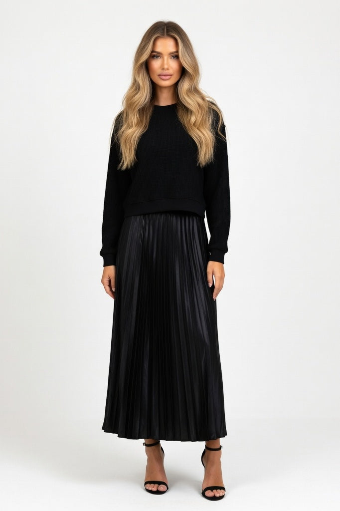 Knit Pleated Hybrid Dress — Black