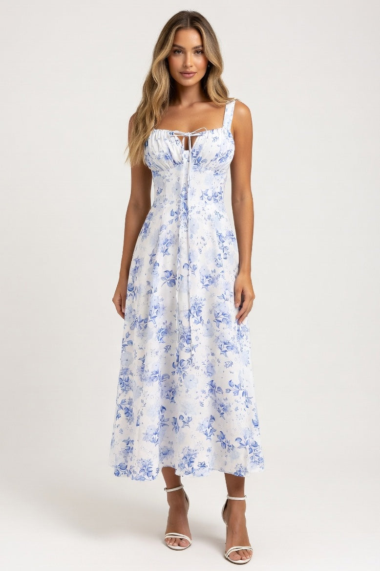 Printed Halter Maxi Dress — Blue Floral