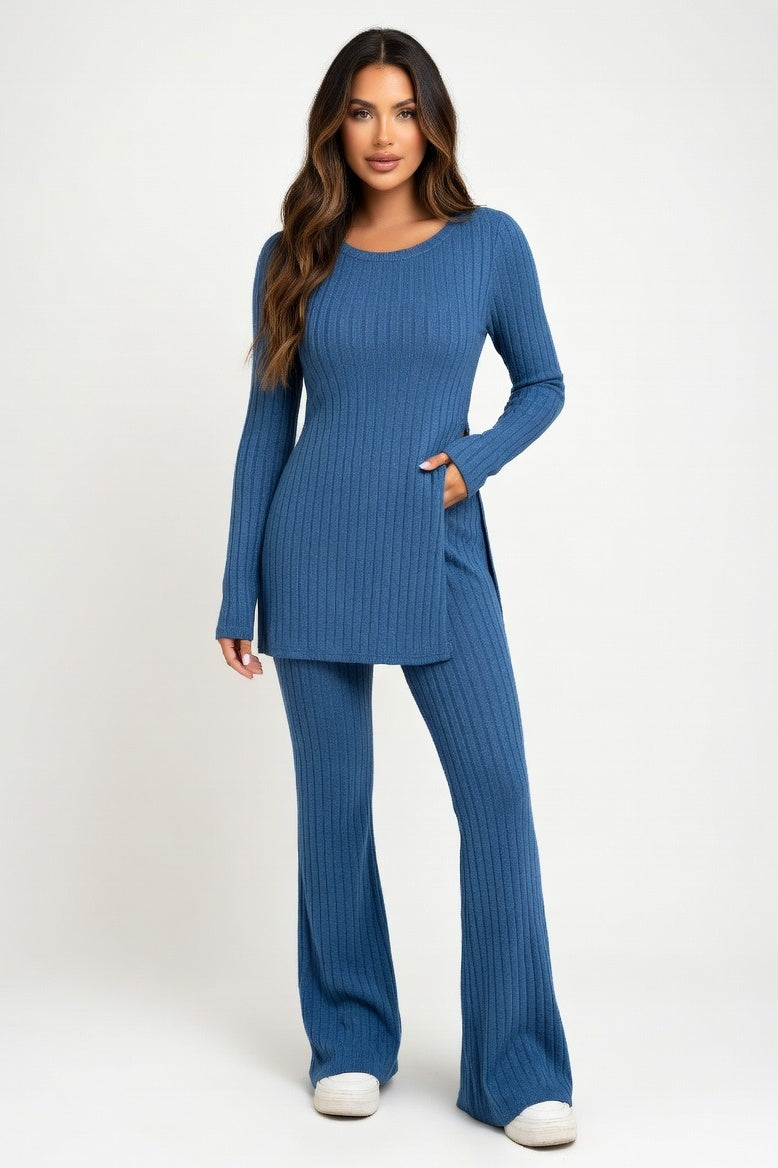 Ribbed Loungewear Co-Ord Set — Ocean Blue
