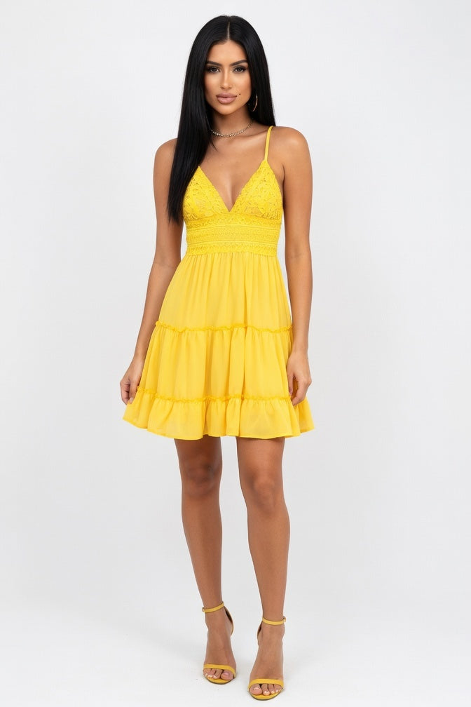Lace Splice Suspender Dress — Yellow