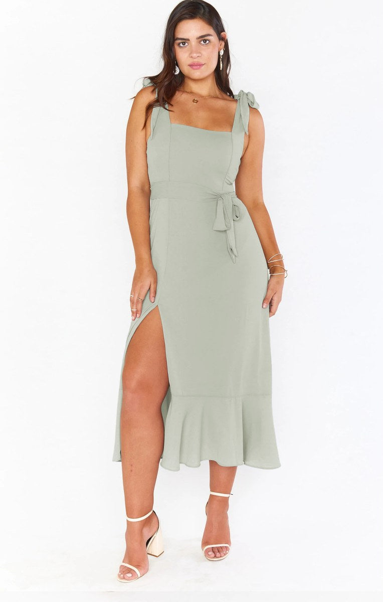 Lace-Up Ruffle Dress — Army Green — colour variant