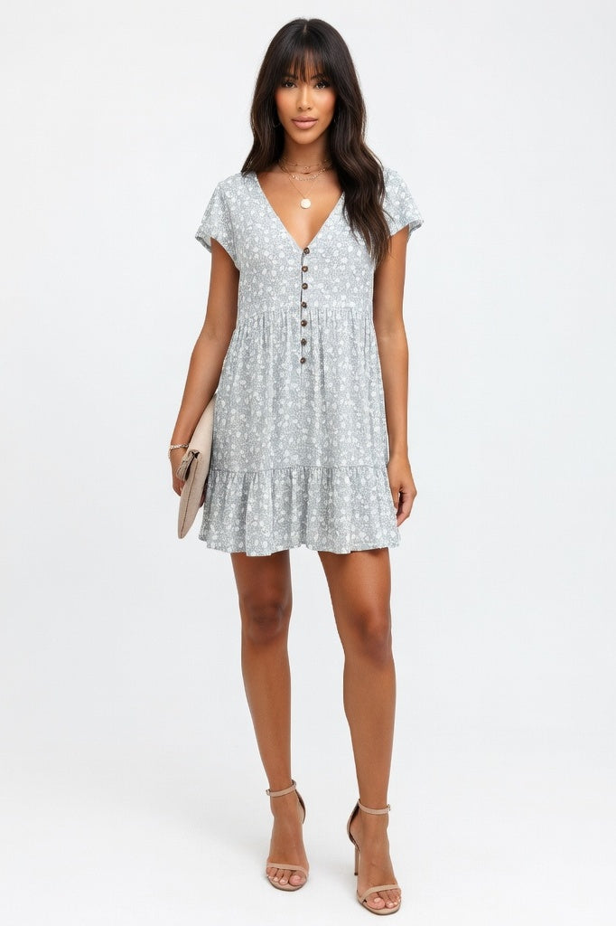 V-Neck Floral Chiffon Dress — Light Grey