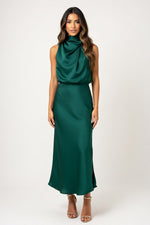 Sleeveless Satin Midi Dress — Dark Green