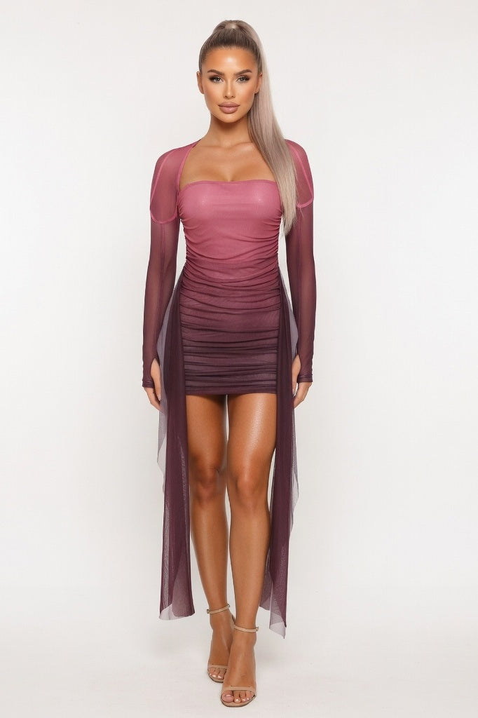 Mesh Halterneck Top & Pleated Mini Skirt Set — Purple