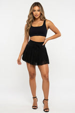 High-Waist Lace-Up Mesh Pleated Mini Skirt — Black