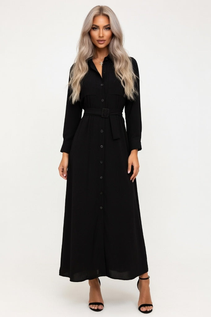 Button Through Chiffon Midi Dress — Black