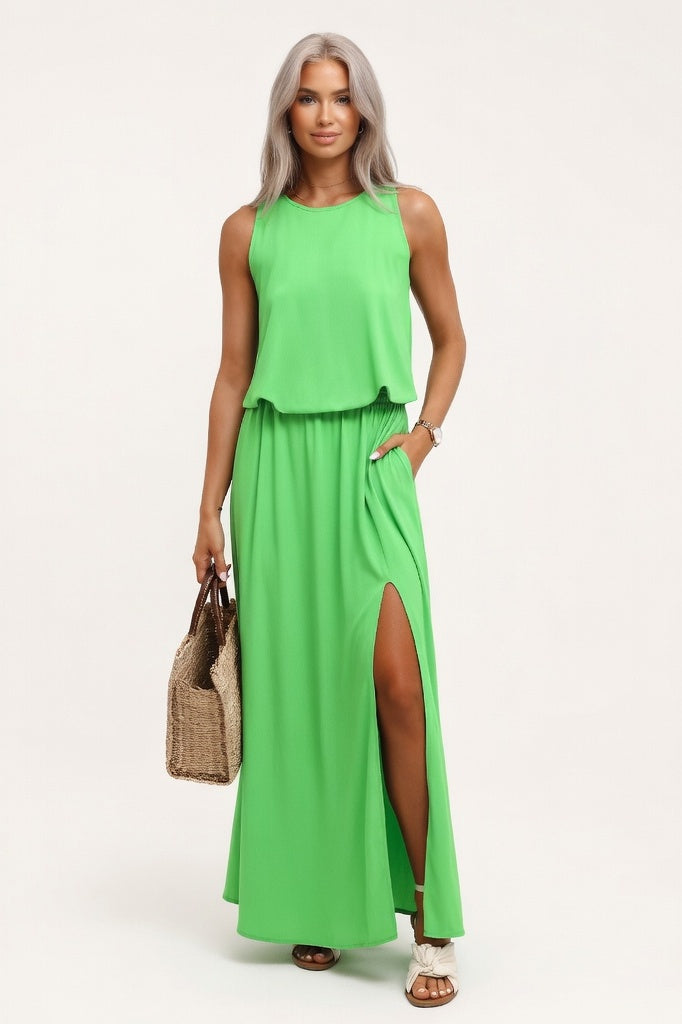 Modal Split Maxi Dress — Grass Green