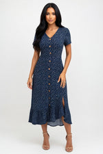 Polka Dot V-Neck Dress — Navy Blue