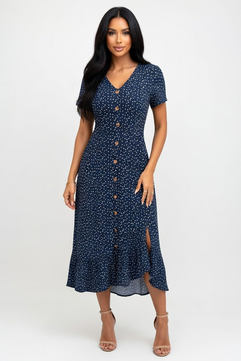 Polka Dot V-Neck Dress — Navy Blue