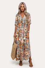 Printed V-Neck Midi Dress — Camel